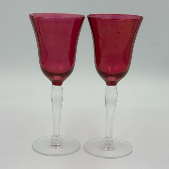 2 Vintage Cranberry Glass Iridescent Fluted Port, Sherry, Cordial Glasses - Picture 1 of 7